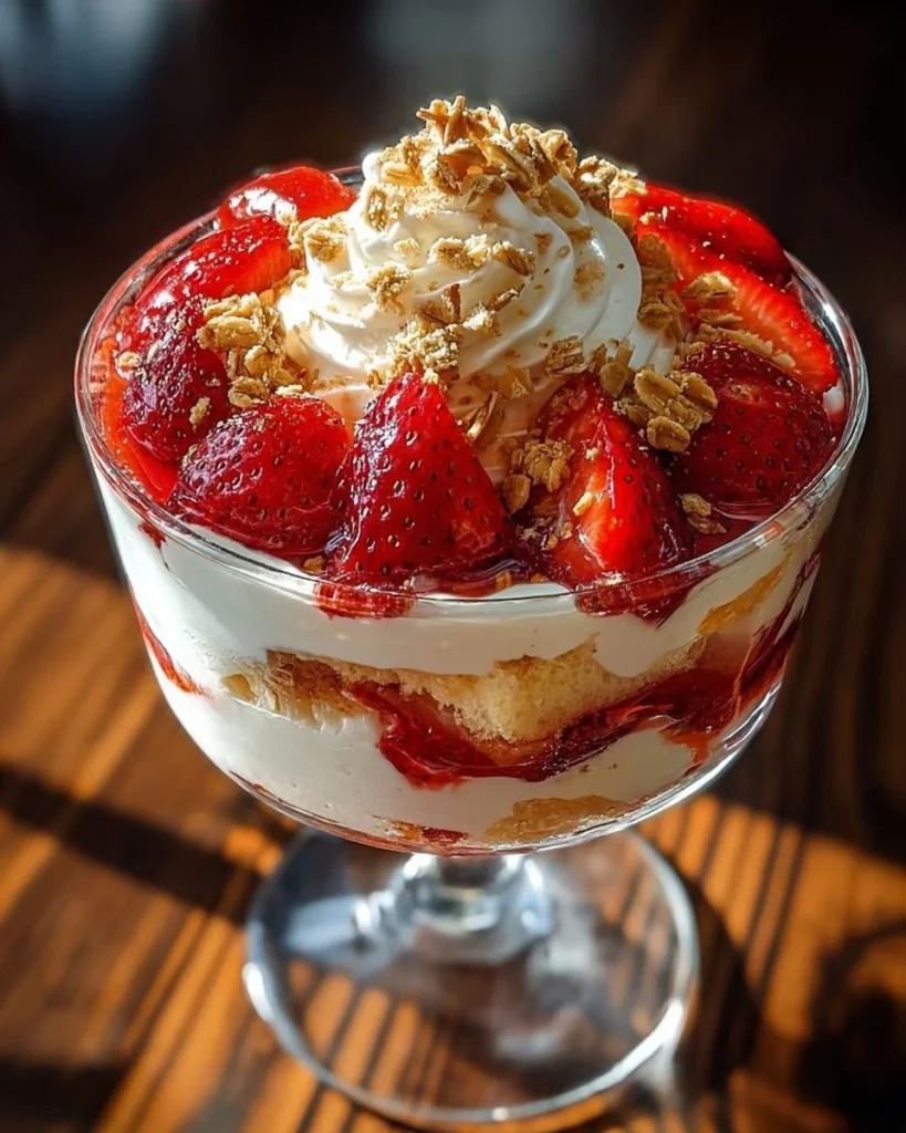 Delicious Strawberry Cheesecake Trifle with layers of strawberries and cheesecake