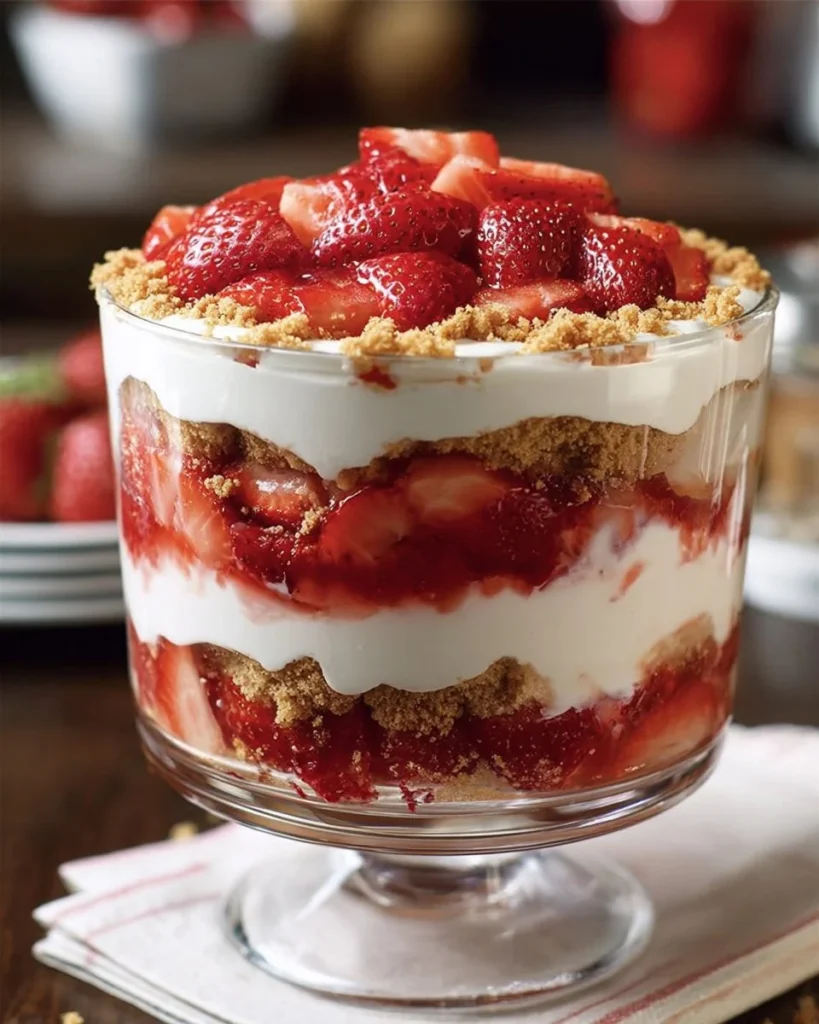 Delicious Strawberry Cheesecake Trifle with layers of cream and strawberries