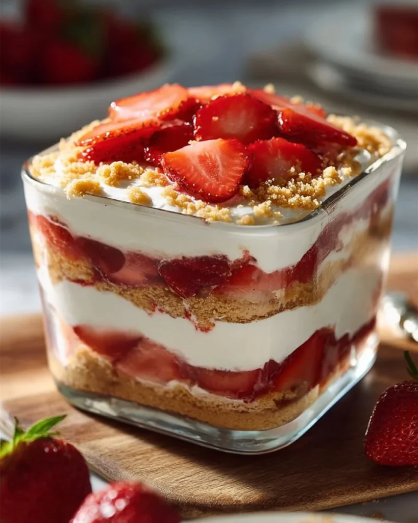 Strawberry cheesecake trifle with layers of strawberries and cream