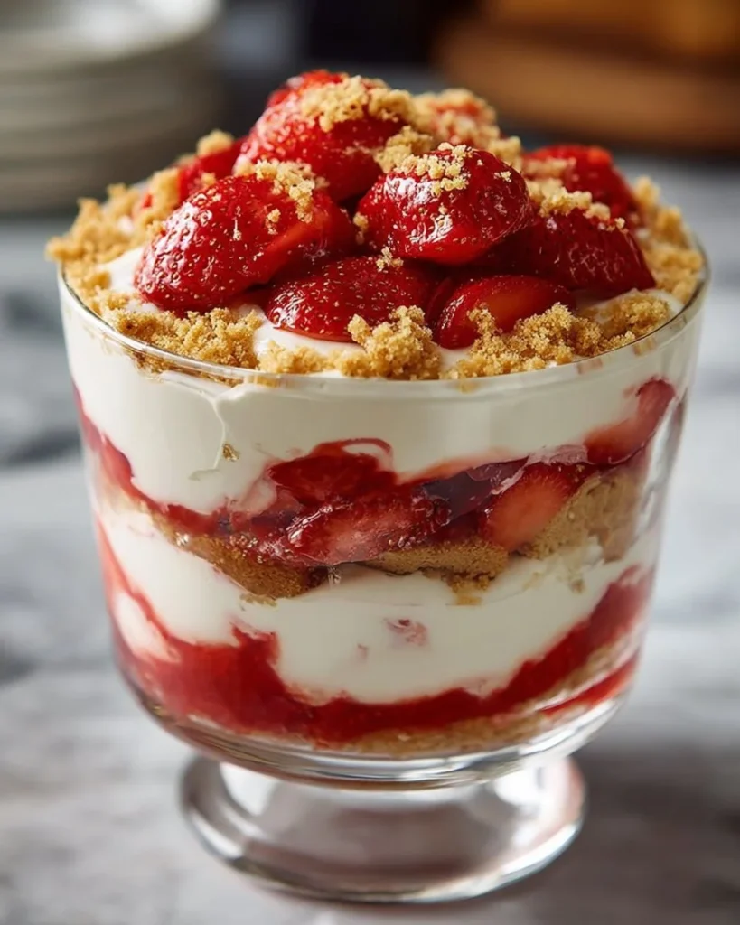 Strawberry cheesecake trifle with layers of creamy cheesecake and fresh strawberries