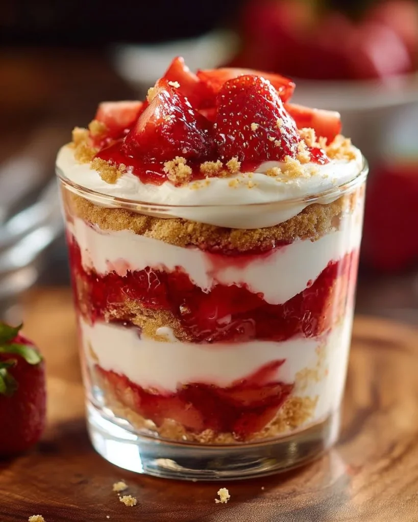 Delicious strawberry cheesecake trifle topped with fresh strawberries and whipped cream