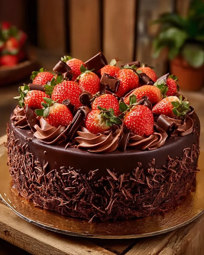 Delicious Strawberry Chocolate Cake topped with fresh strawberries and chocolate ganache.