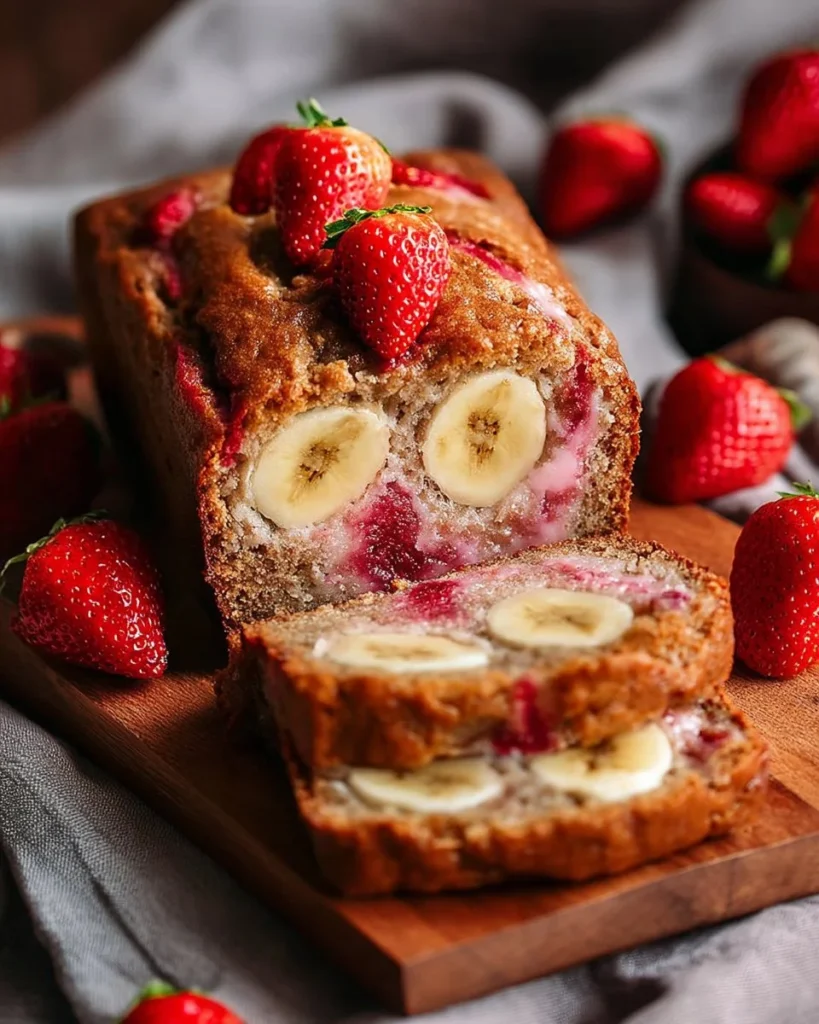Strawberry Cream Cheese Filled Banana Bread loaf on a wooden table