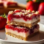 Delicious strawberry crumble bars drizzled with lemon icing on a white plate