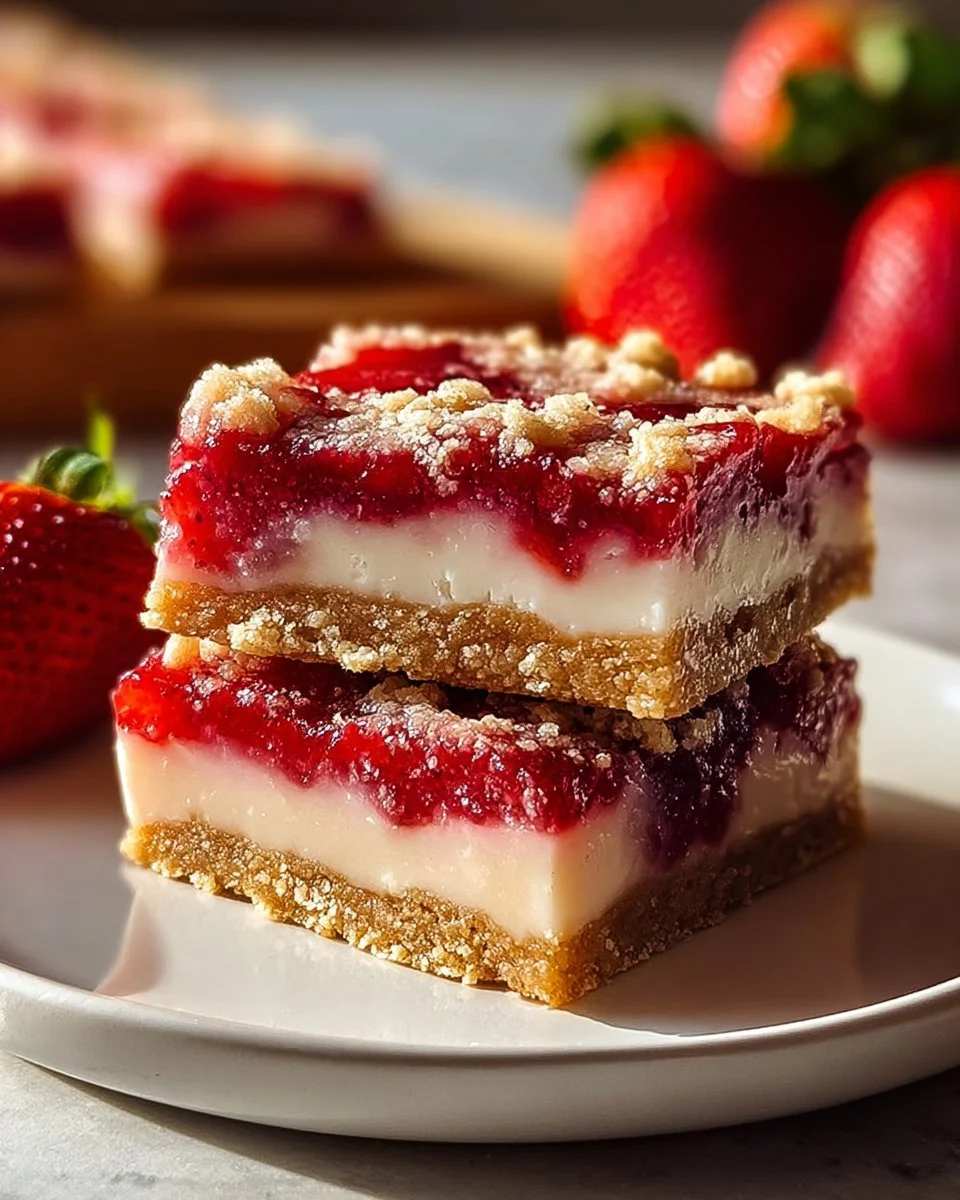 Delicious strawberry crumble bars drizzled with lemon icing on a white plate