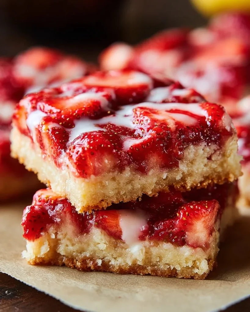 Strawberry crumble bars topped with lemon icing on a wooden board.