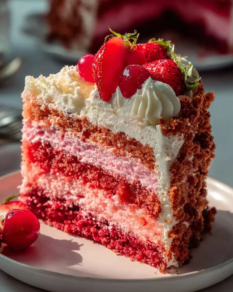 Delicious homemade Strawberry Crunch Cake with fresh strawberries and crunchy topping.