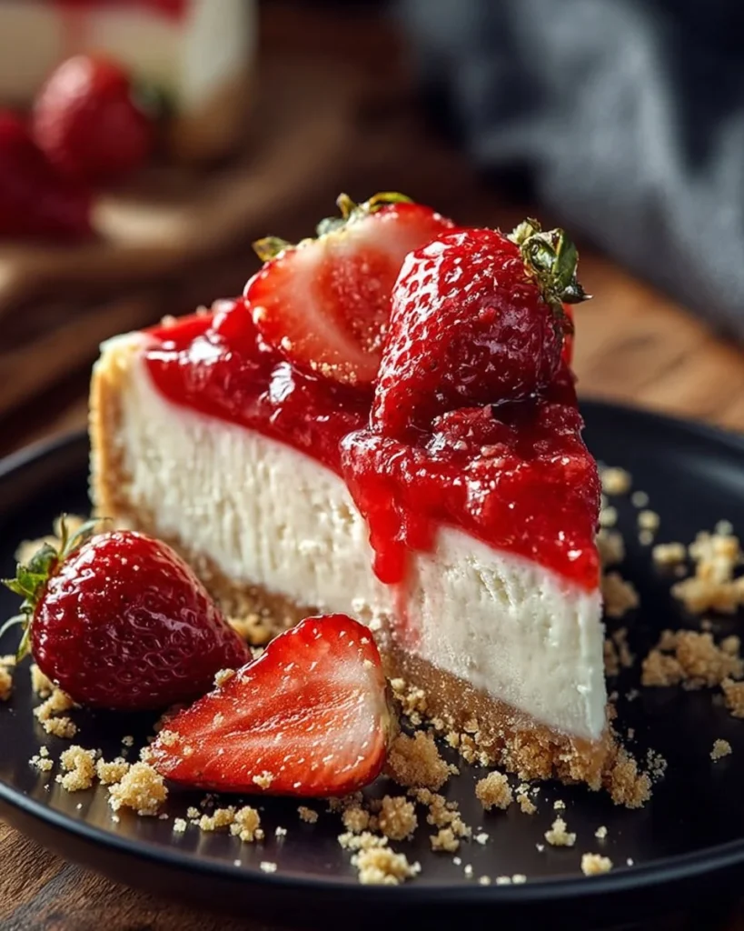 Delicious Strawberry Crunch Cheesecake with fresh strawberries and crunchy topping