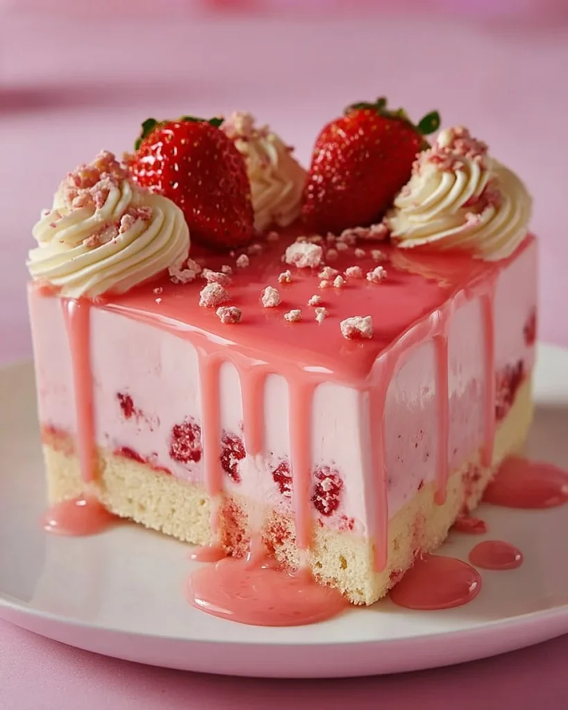 Slice of Strawberry Crunch Cheesecake topped with crushed strawberries and a crunchy crust