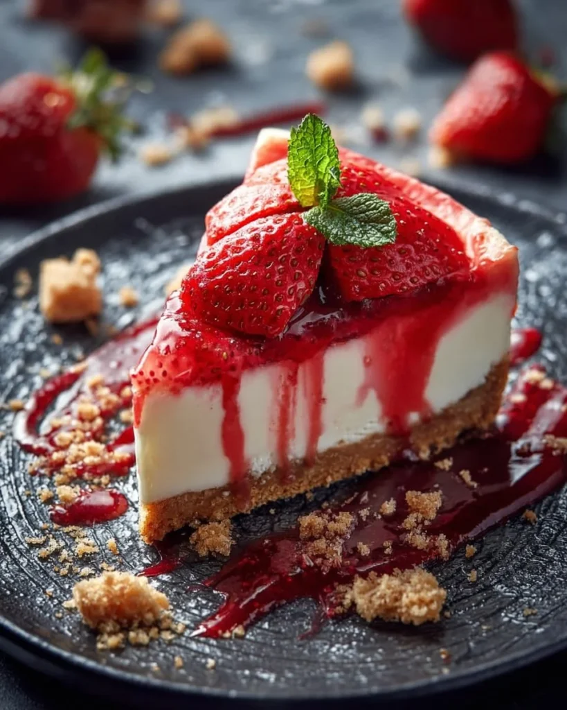 Delicious Strawberry Crunch Cheesecake topped with fresh strawberries and a crunchy layer