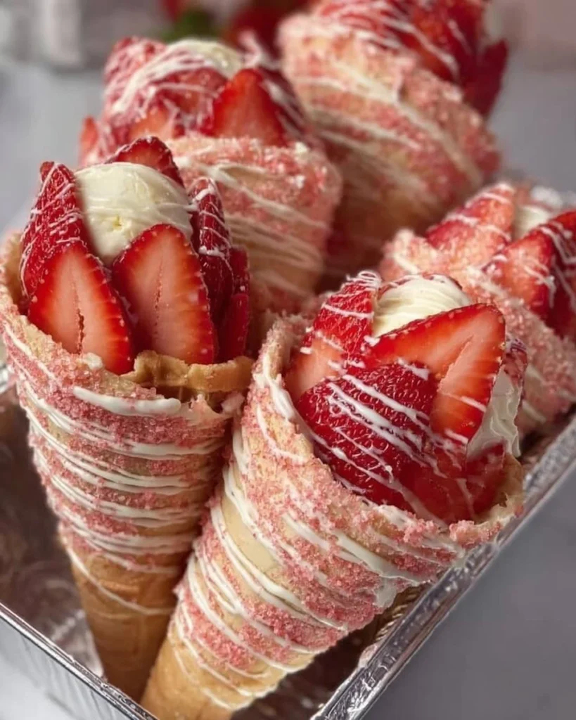 Delicious strawberry crunch cheesecake cones topped with fresh strawberries.