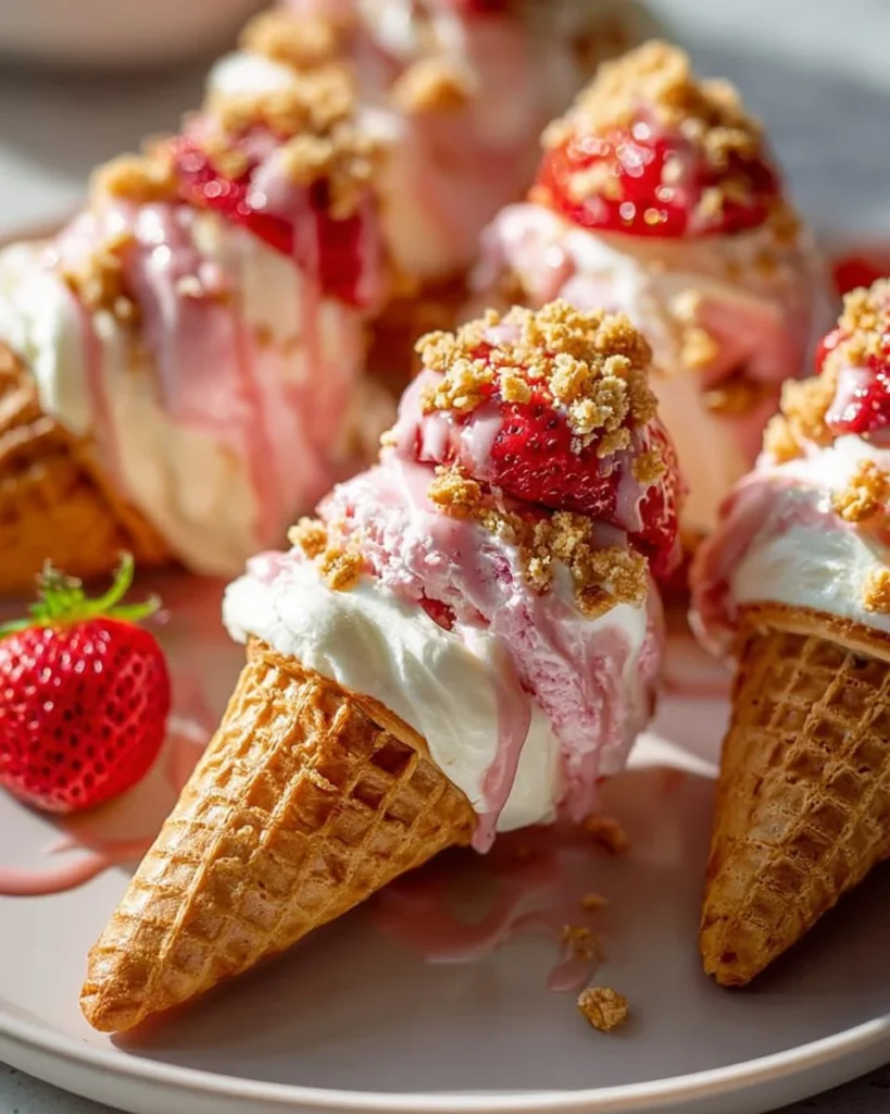 Strawberry Crunch Cheesecake Cones beautifully arranged on a dessert table.