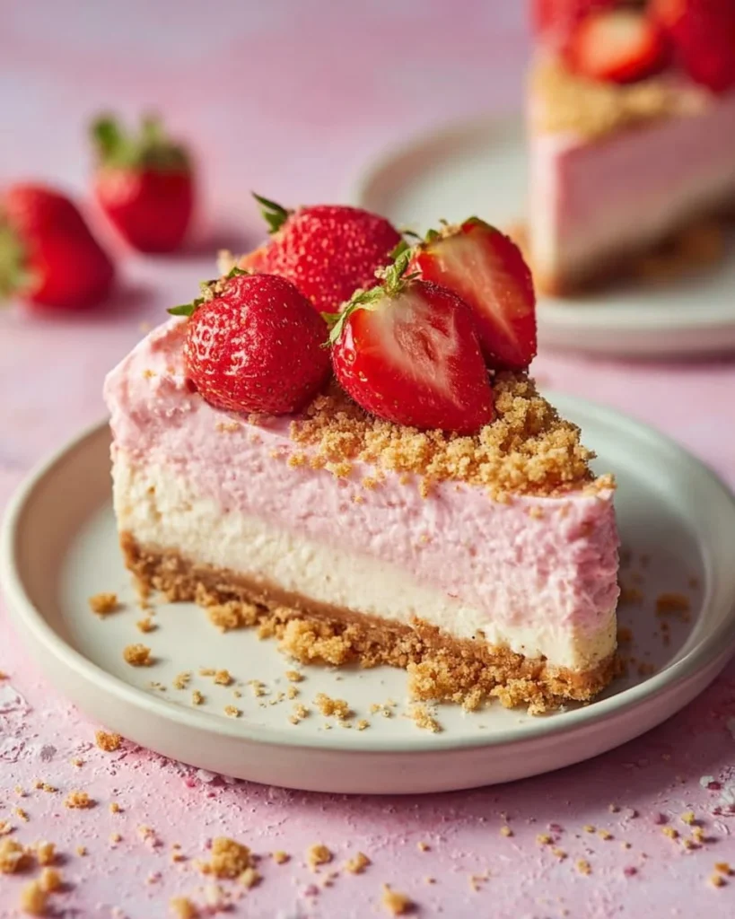 No Bake Strawberry Crunch Cheesecake with strawberry topping and crunchy base