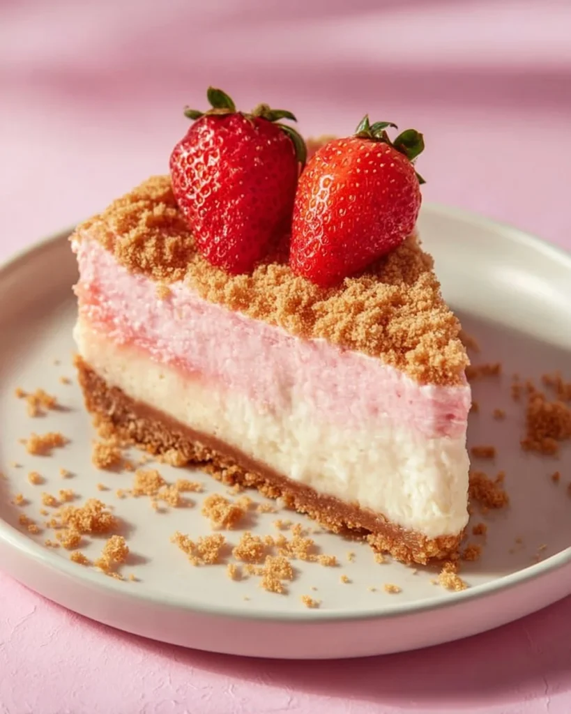 No bake strawberry cheesecake with crunchy topping and fresh strawberries