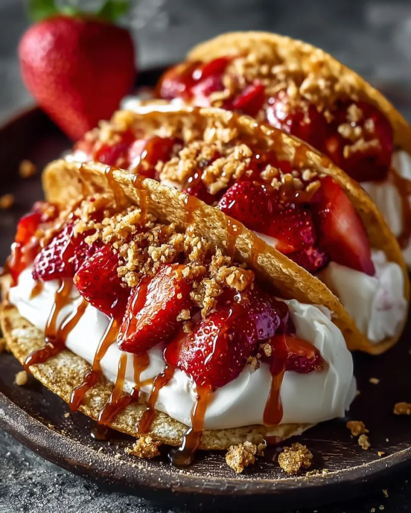 Strawberry Crunch Cheesecake Tacos topped with fresh strawberries and crunchy topping