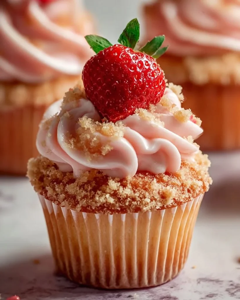 Strawberry crunch cupcakes topped with strawberry filling and crushed strawberry garnish