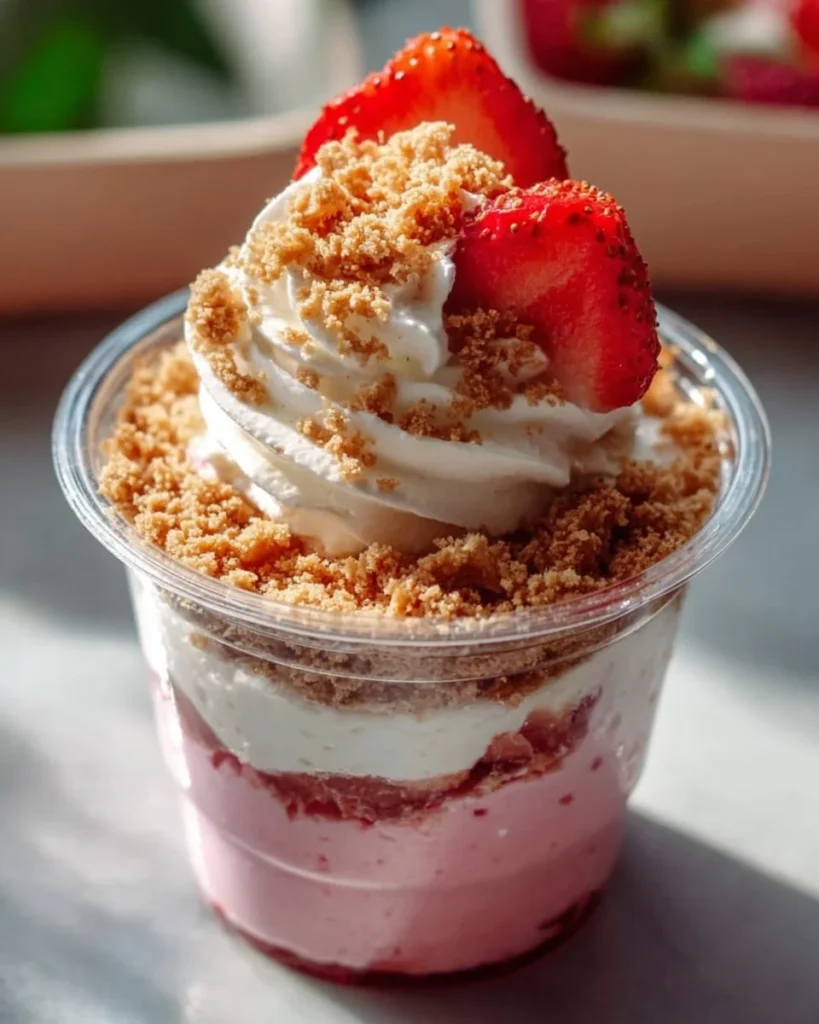 Delicious Strawberry Crunch Dessert Cups topped with crunchy layers and fresh strawberries.
