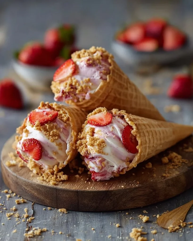 Delicious strawberry crunch ice cream cone topped with strawberry pieces and crunch.