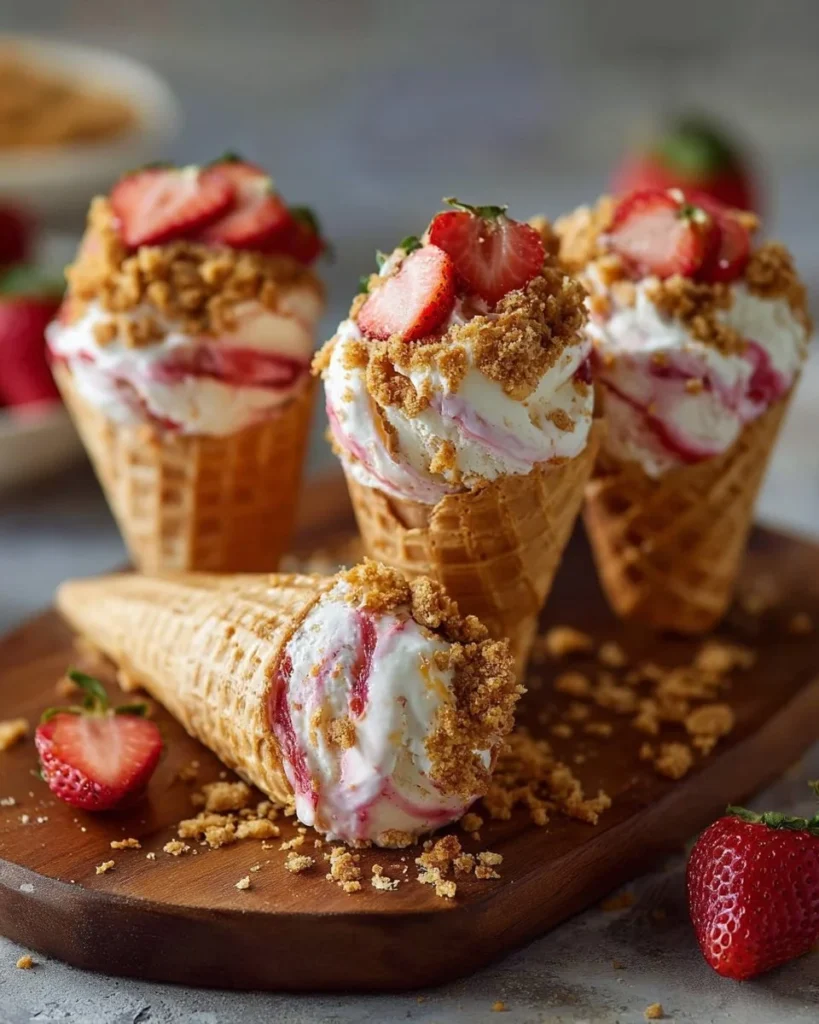 Delicious strawberry crunch ice cream cones topped with crunchy strawberry bits