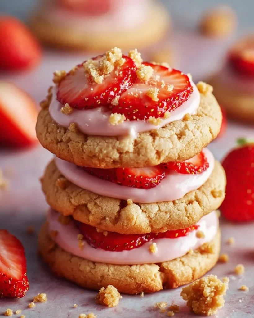 Strawberry crunch shortcake cookies on a plate with fresh strawberries