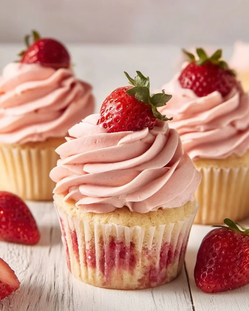 Delicious strawberry cupcakes with creamy frosting and fresh strawberries