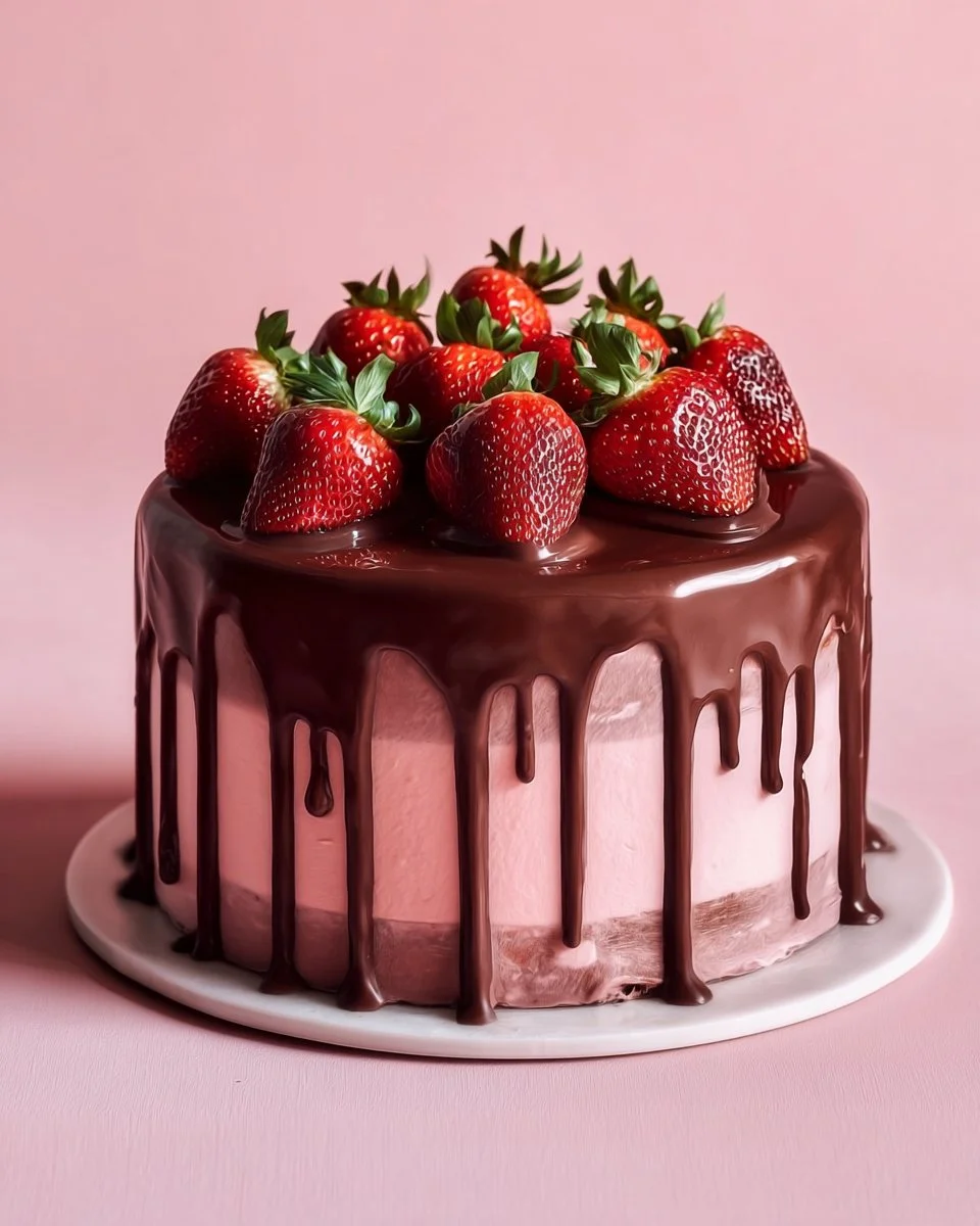 Slice of Strawberry Dark Chocolate Truffle Cake with fresh strawberries on top
