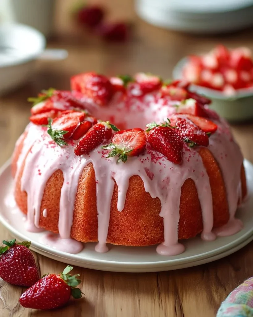 Delicious homemade Strawberry Delight Bundt Cake with fresh strawberries