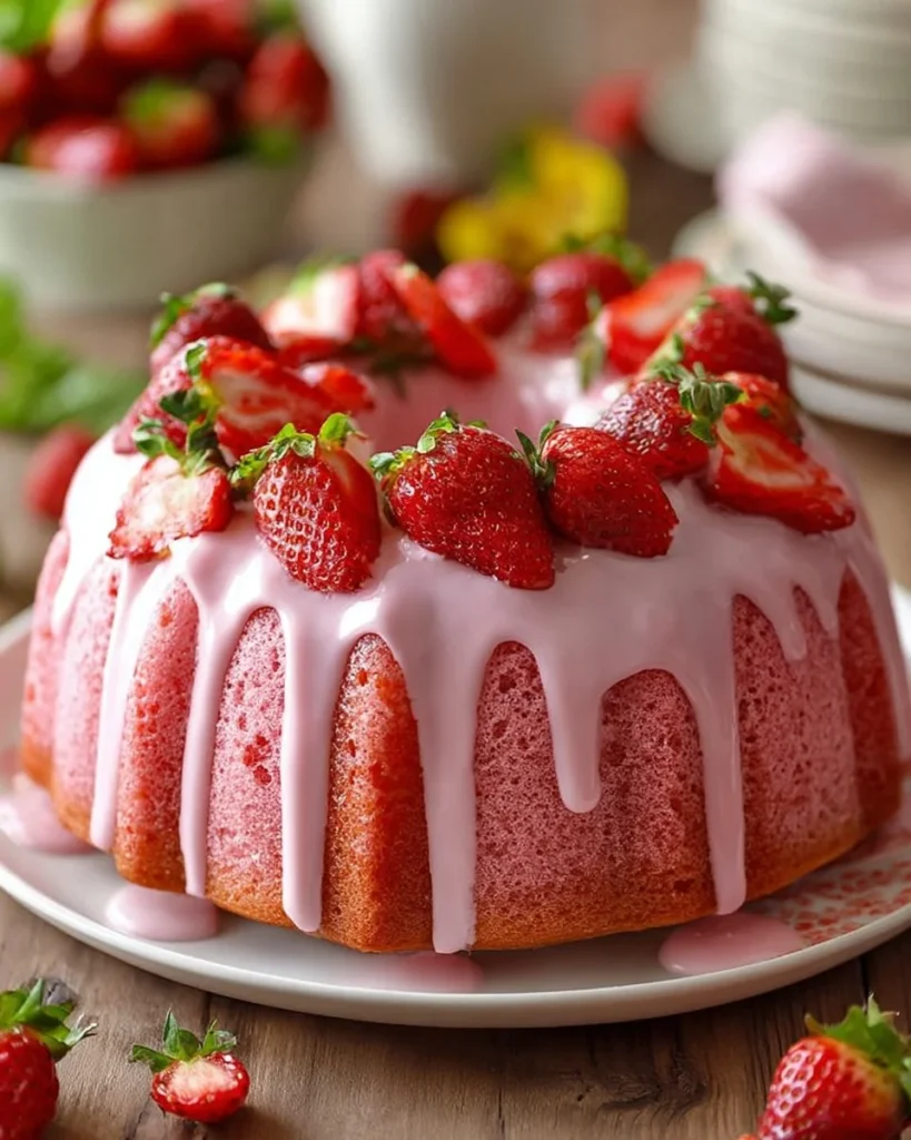 Delicious Strawberry Delight Bundt Cake topped with fresh strawberries and cream.