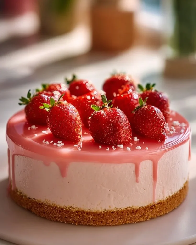 Delicious Strawberry Double Cheese Cheesecake topped with fresh strawberries