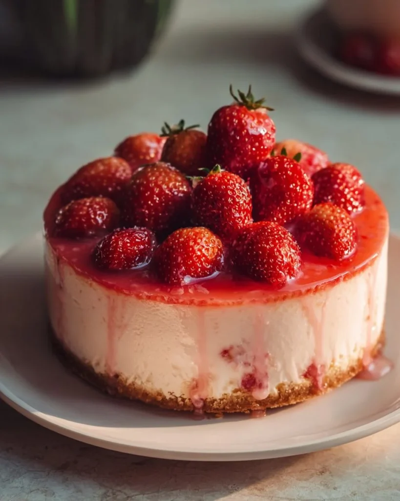 Delicious Strawberry Double Cheese Cheesecake topped with fresh strawberries
