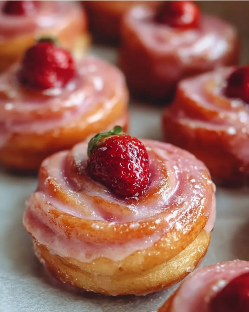 Delicious strawberry glazed French crullers on a plate
