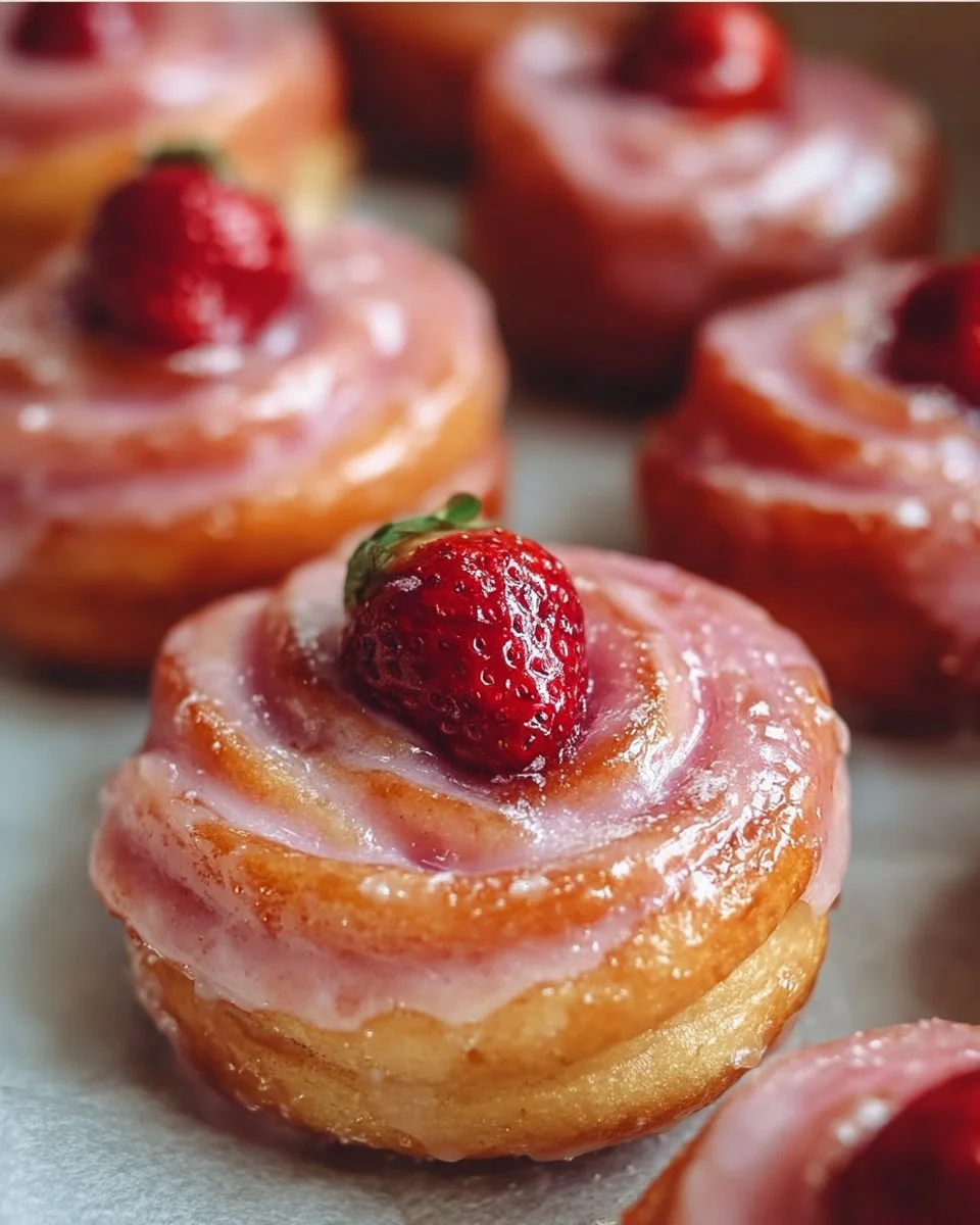 Delicious strawberry glazed French crullers on a plate