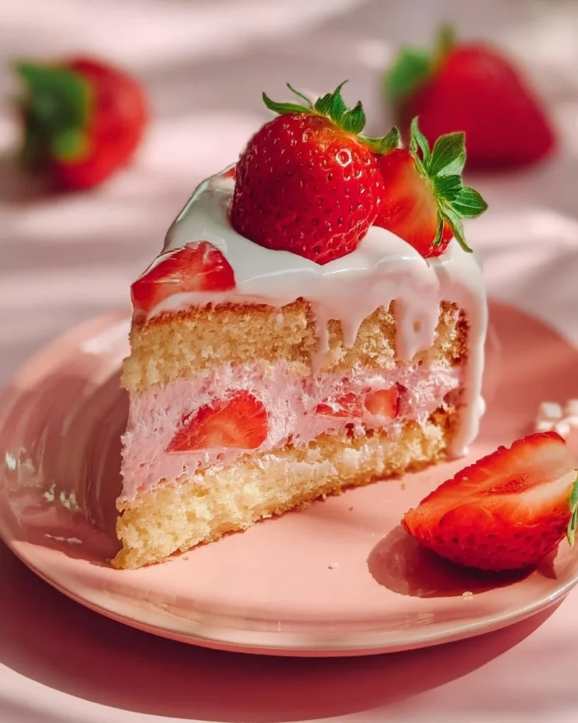 Slice of Strawberry Honey Bun Cake with strawberry cream icing served on a plate