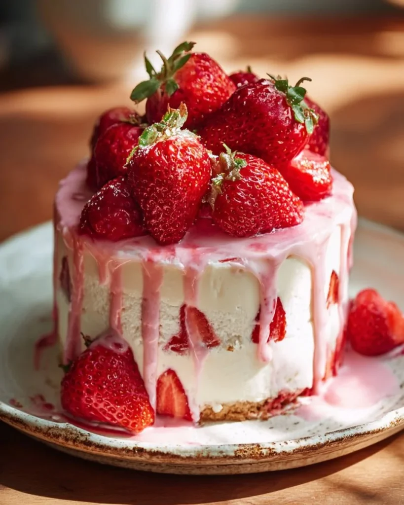 Delicious strawberry ice cream cake with fresh strawberries and whipped cream.