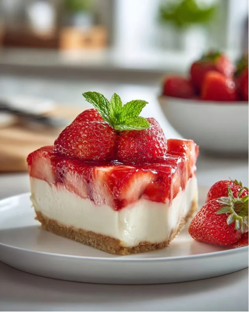 Delicious strawberry icebox cheesecake dessert with fresh strawberries on top