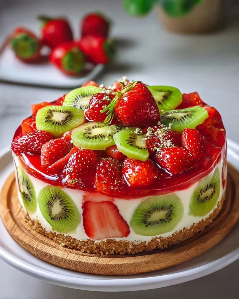 Delicious strawberry kiwi cheesecake topped with fresh fruits