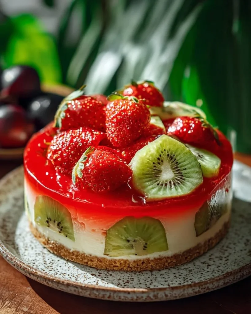 Delicious Strawberry Kiwi Cheesecake with fresh fruit toppings