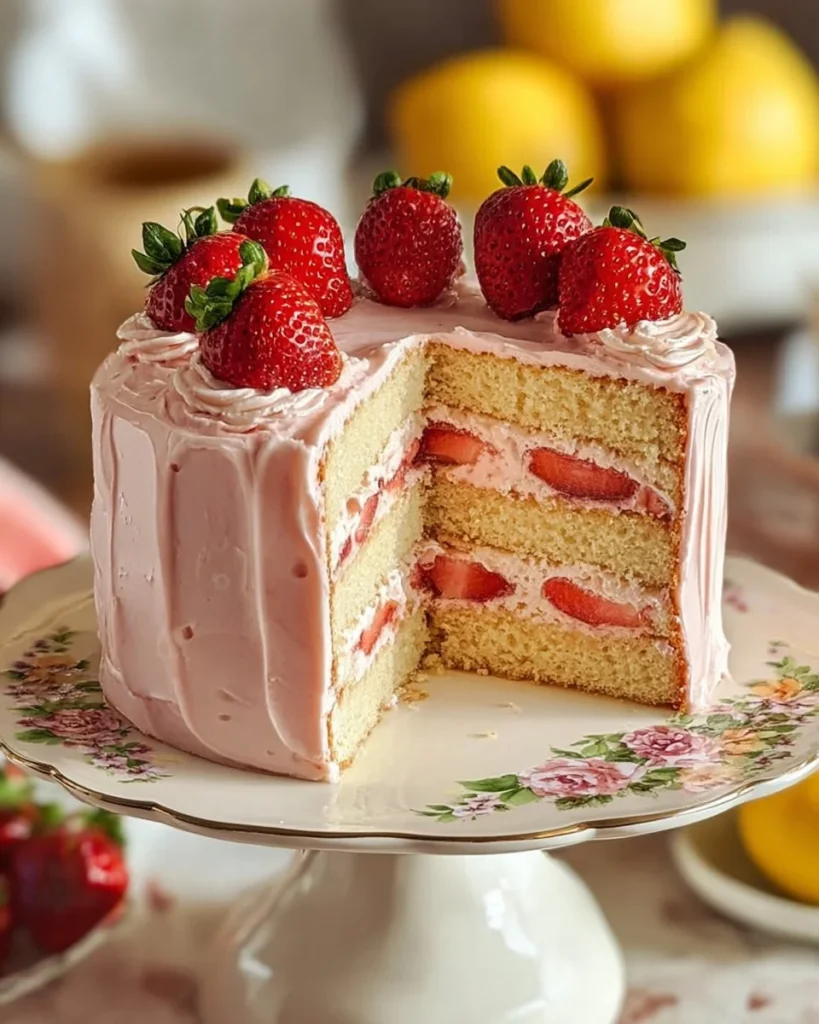Strawberry Lemonade Cake with fresh strawberries and lemon slices on top