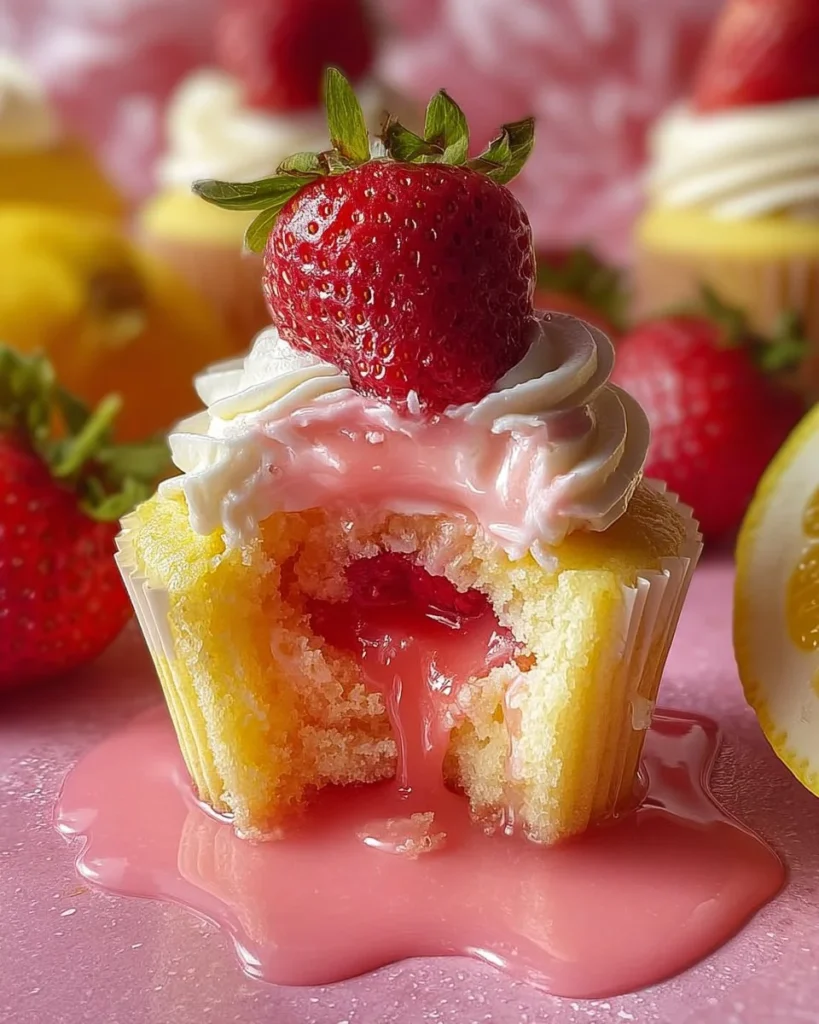 Strawberry lemonade cupcakes topped with lemon icing and fresh strawberries