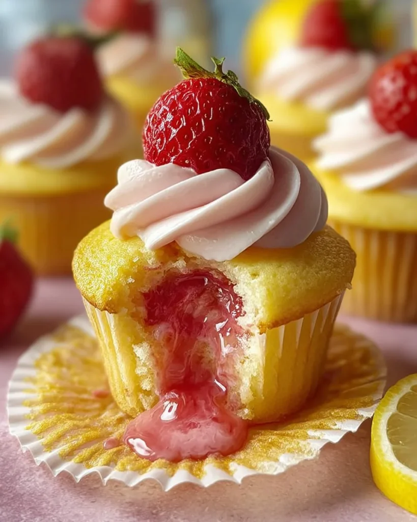 Delicious Strawberry Lemonade Cupcakes topped with fresh strawberries and lemon frosting.