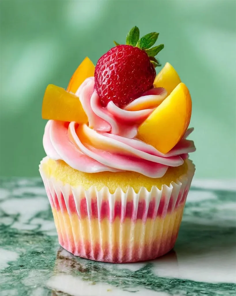 Strawberry Mango Margarita Cupcakes decorated with fruit and icing