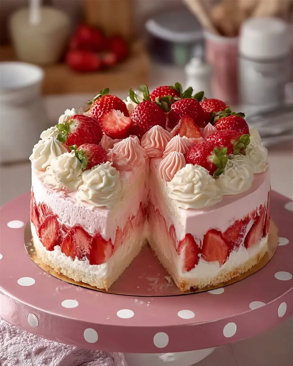 Delicious homemade Strawberry Mousse Cake topped with fresh strawberries