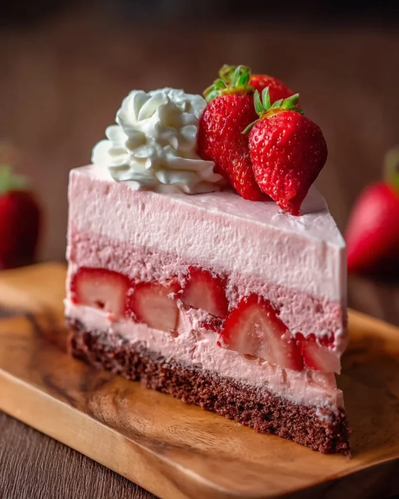 Slice of creamy Strawberry Mousse Cake decorated with fresh strawberries