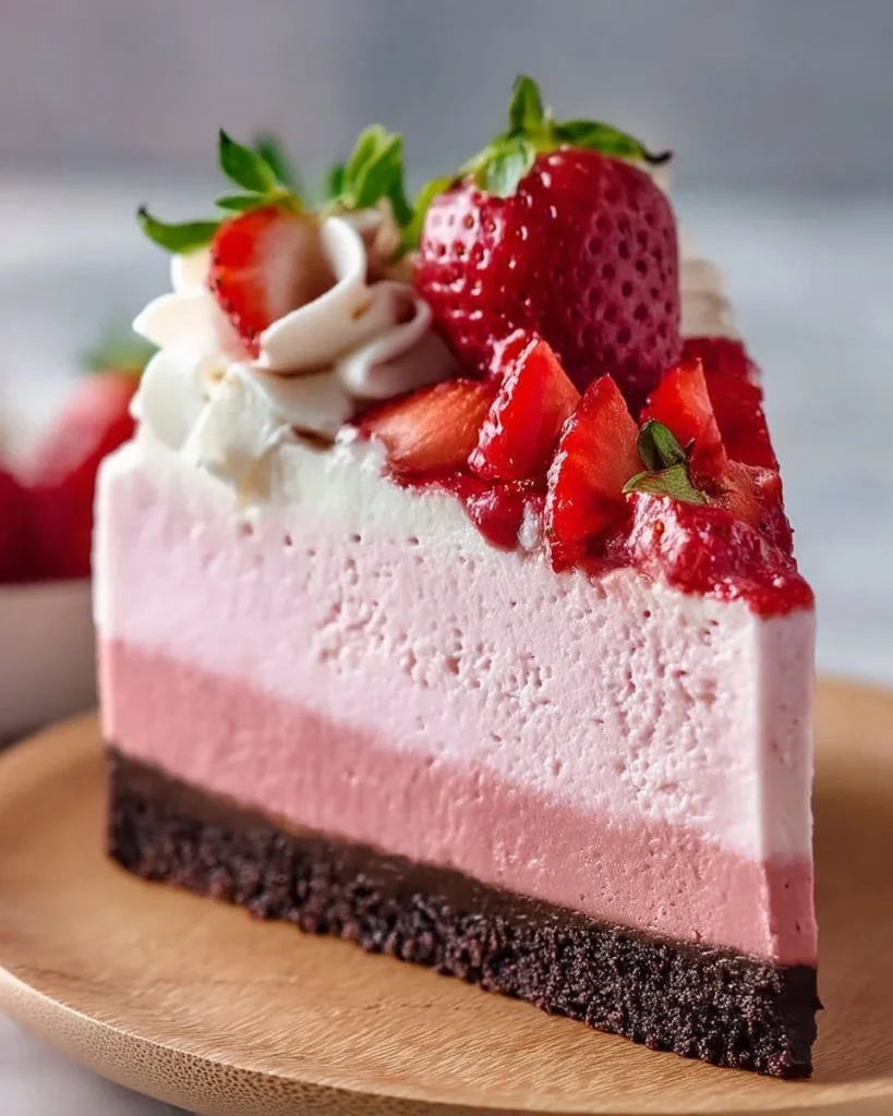 Deliciously layered strawberry mousse cake topped with fresh strawberries.