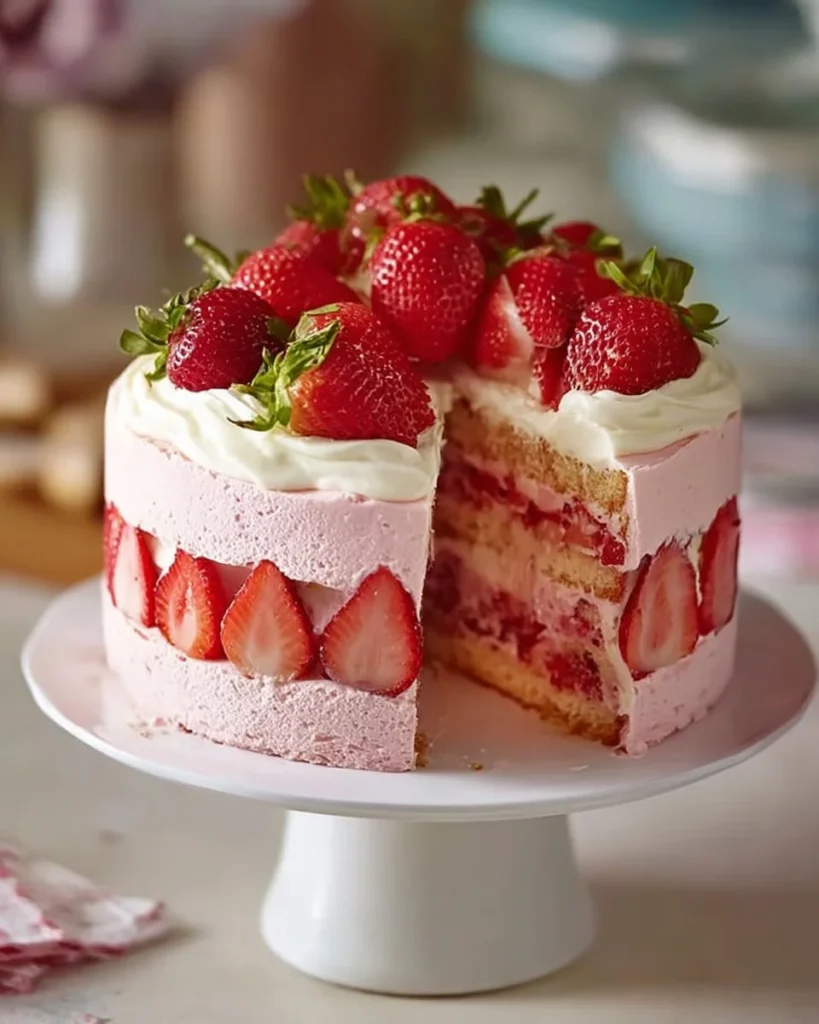 Delicious Strawberry Mousse Cake topped with fresh strawberries and whipped cream