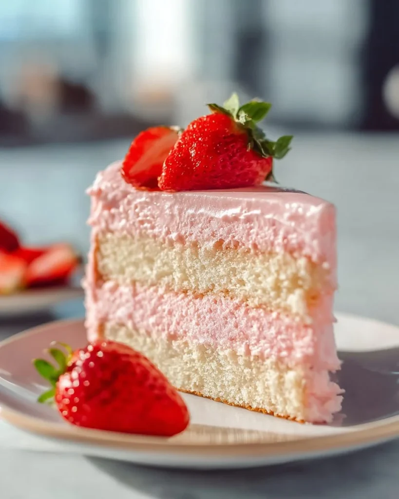 Delicious strawberry mousse cake with fresh strawberries on top