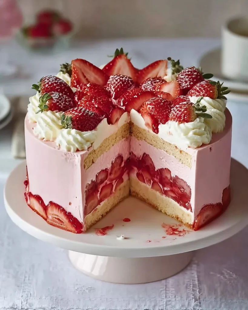Delicious strawberry mousse cake with fresh strawberries and whipped cream topping