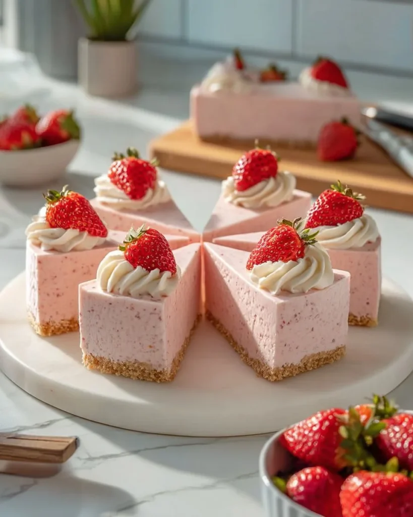 Slice of Strawberry Mousse Cheesecake Delight topped with fresh strawberries