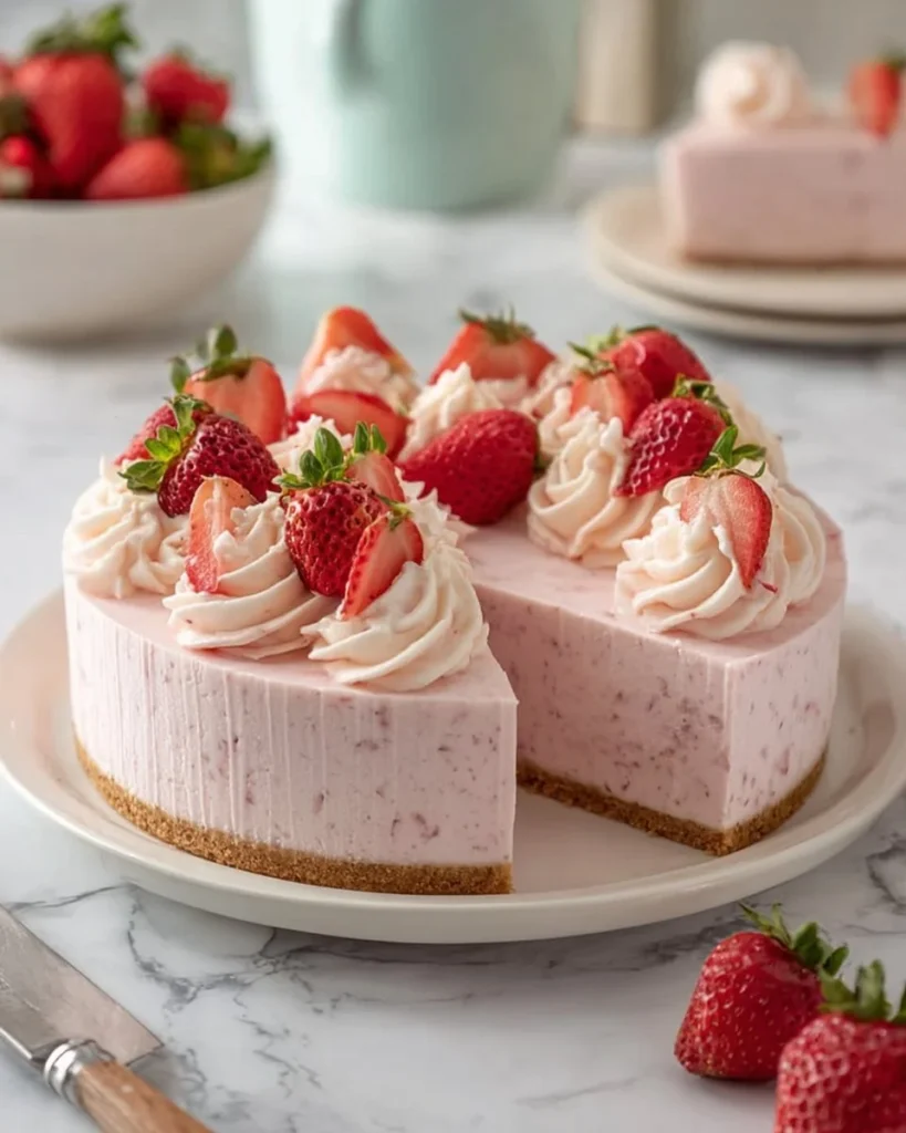 Slice of strawberry mousse cheesecake topped with fresh strawberries
