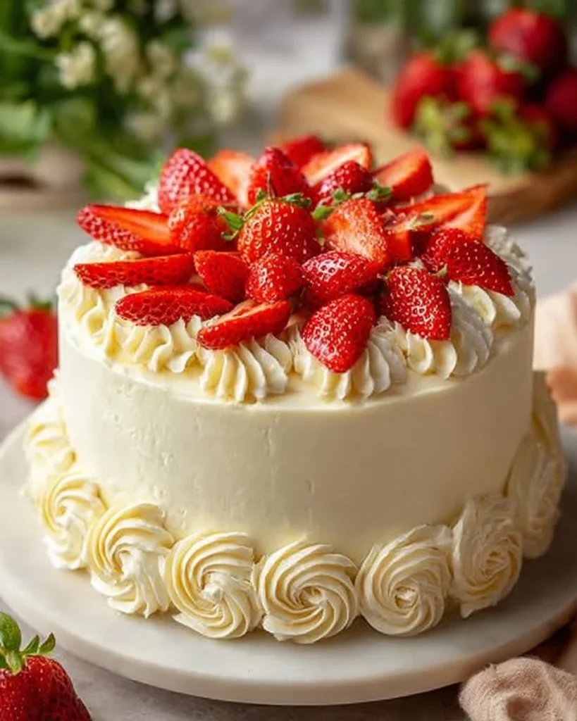Delicious Strawberry Nestle Cake topped with fresh strawberries and cream